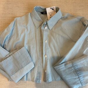 Zara Light Blue Cropped Button-Up Shirt